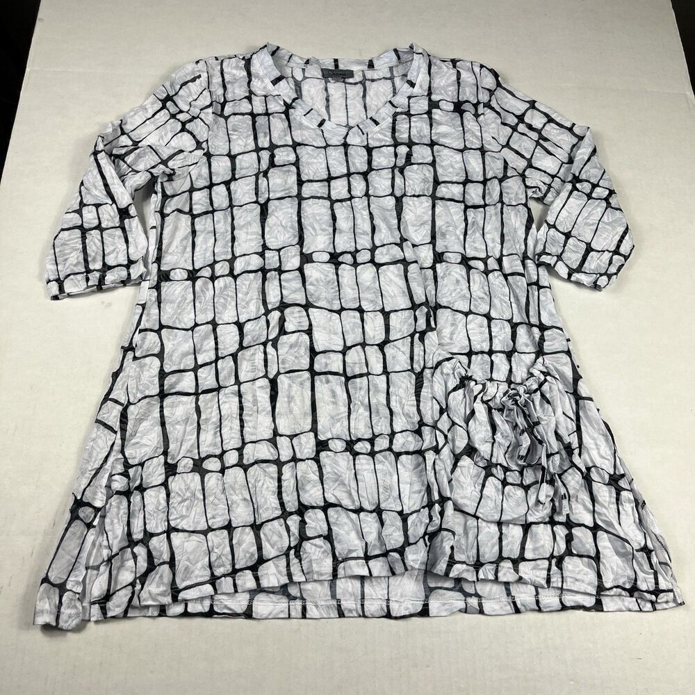 Shana Tunic Small Crinkle Textured Abstract Grid Print 3/4 Sleeve Artsy Top